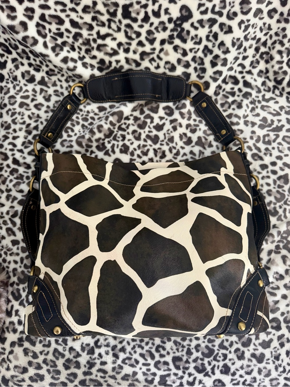 Giraffe Print Shoulder Bag in Brown and Cream